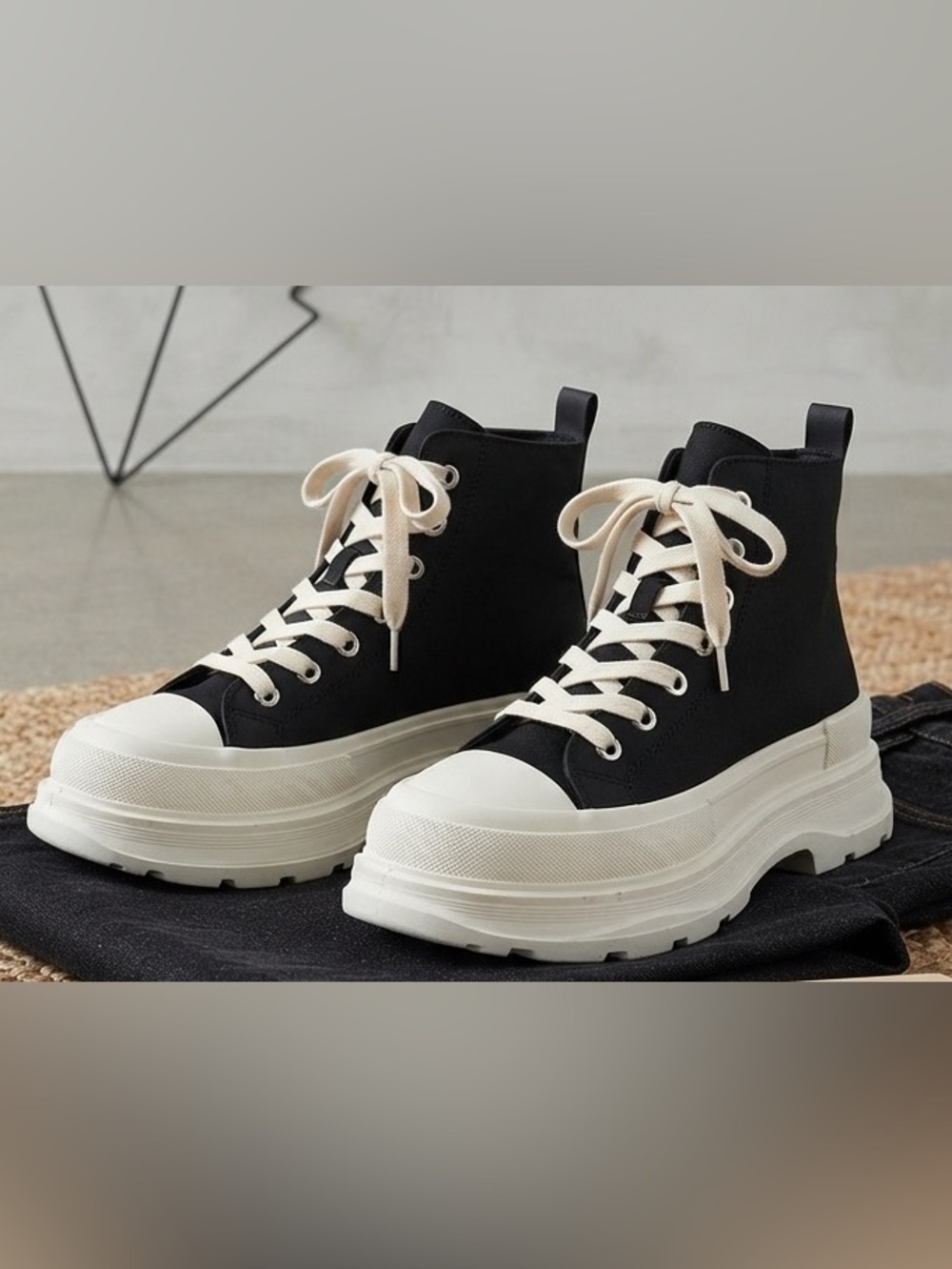 Black High-Top Platform Lace-Up Sneakers